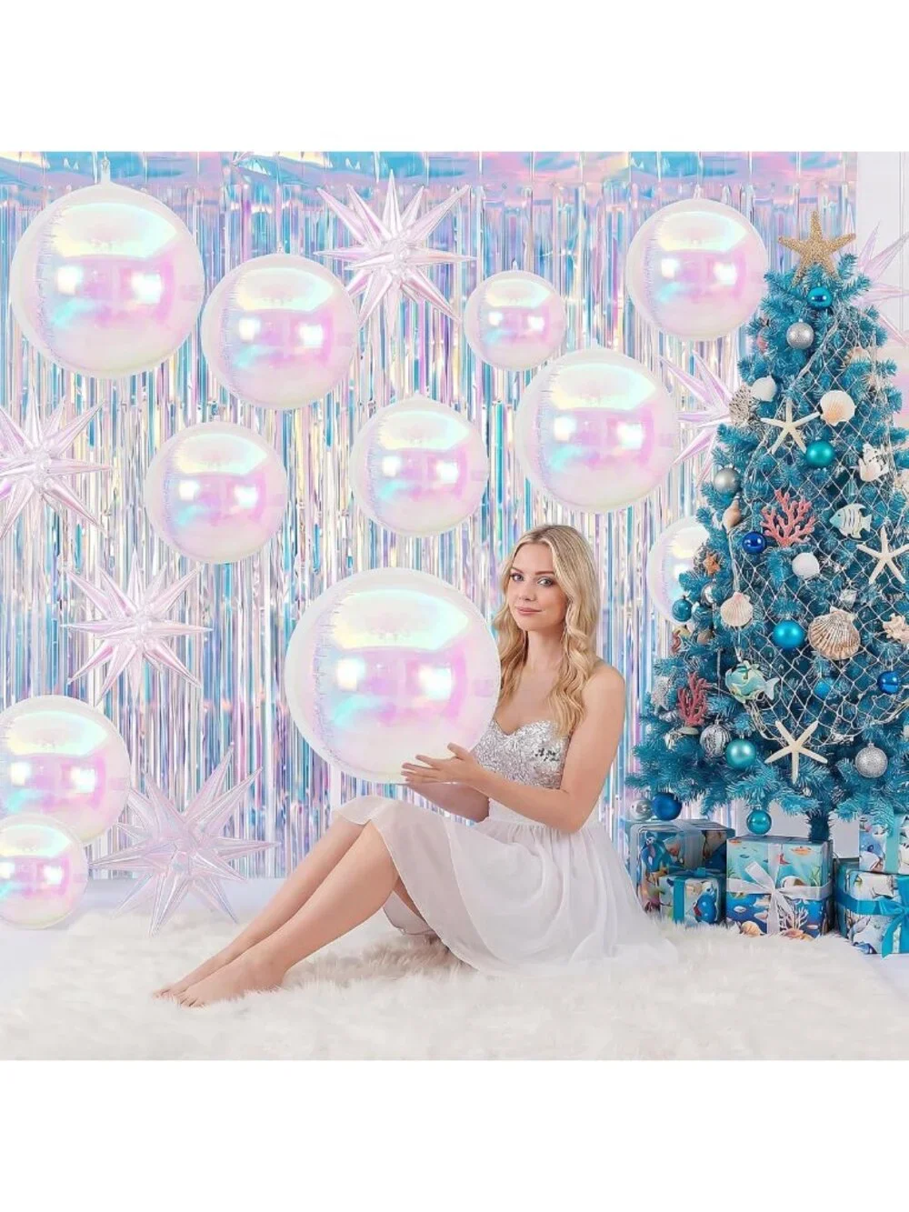 24 Pcs Mermaid Party Decor Set - 22'' Iridescent Balloons & Tinsel Curtains